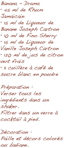 Banana - Drama • 45 ml de Rhum Jamaicain • 15 ml de Liqueur de Banane Joseph Cartron • 10 ml de Fino Sherry • 15 ml de Liqueur de Vanille Joseph Cartron • 120 ml de jus de citron vert frais • 11 cuillère à café de sucre blanc en poudre Préparation : Verser tous les ingrédients dans un shaker. Filtrer dans un verre à cocktail à pied. Décoration : Paille et décors colorés ou badiane.