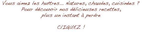 Vous aimez les huîtres... Natures, chaudes, cuisinées ? Pour découvrir nos délicieuses recettes, plus un instant à perdre ClIQUEZ !